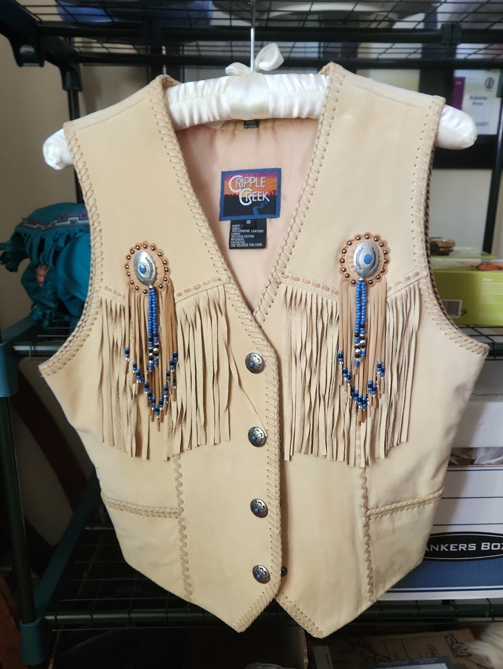 Cripple Creek Women's Beige Suede Fringe Vest with Beaded Accents